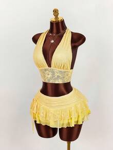 Amplova 女士蕾丝吊带两件套，性感黄色蕾丝裙搭配露背上衣 - 黃色 - 查看 4