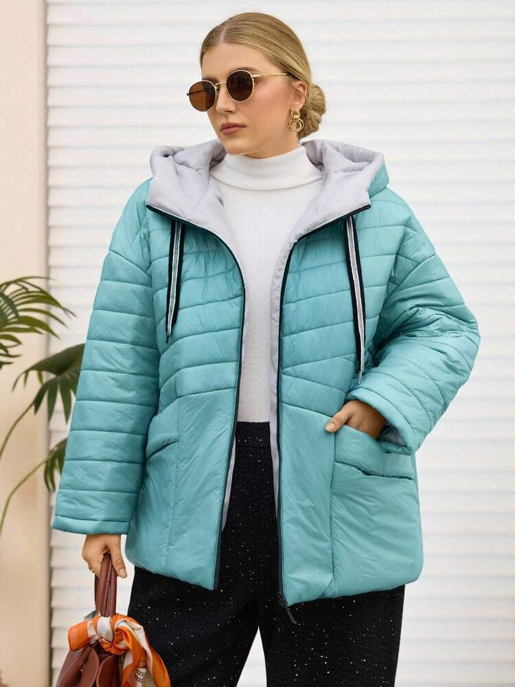 Plus Size Women's Street Fashion Casual Warm Solid Color Zip-Up Hooded Padded Coat, Winter Coat, Thick Padded Coat, Winter, Going Out, 2025 New , Simple And Fashionable For Everyday Wear, Thickened Padded Coat, Quilted Coat With Pockets, Going Out, 2025 New , Simple And Fashionable For Everyday Wear, Christmas For Women , New Year