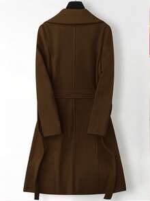 SHEIN PETITE 女士纯色翻领长袖系带休闲羊毛混纺外套，秋冬款