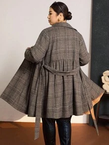 Zelara Plus Size Women Houndstooth Print Long Sleeve Double-Breasted Belted Elegant Coat, Autumn Winter Long Casual Winter Coat Casual Fleece Coat, Comfortable And Warm From The Cold, Comfortable And Warm From The Cold, 2025 New - Brown - View 3