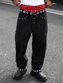 Manfinity Roghcode Personalized Double Waistband Drawstring Contrast Star Print Black Jeans Emo Pants Goth Pants Punk Pants Men Goth Sweatpants - Black - View 5