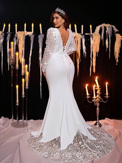 Glamrae Mono de punto elástico con parches de encaje bordado, cuello en V, mangas transparentes, copa de busto transparente, espalda con cordones de espina de pescado, falda larga de sirena con bordado de encaje, adecuado para boda, fiesta, vacaciones, vestido de novia informal (bordado pesado)