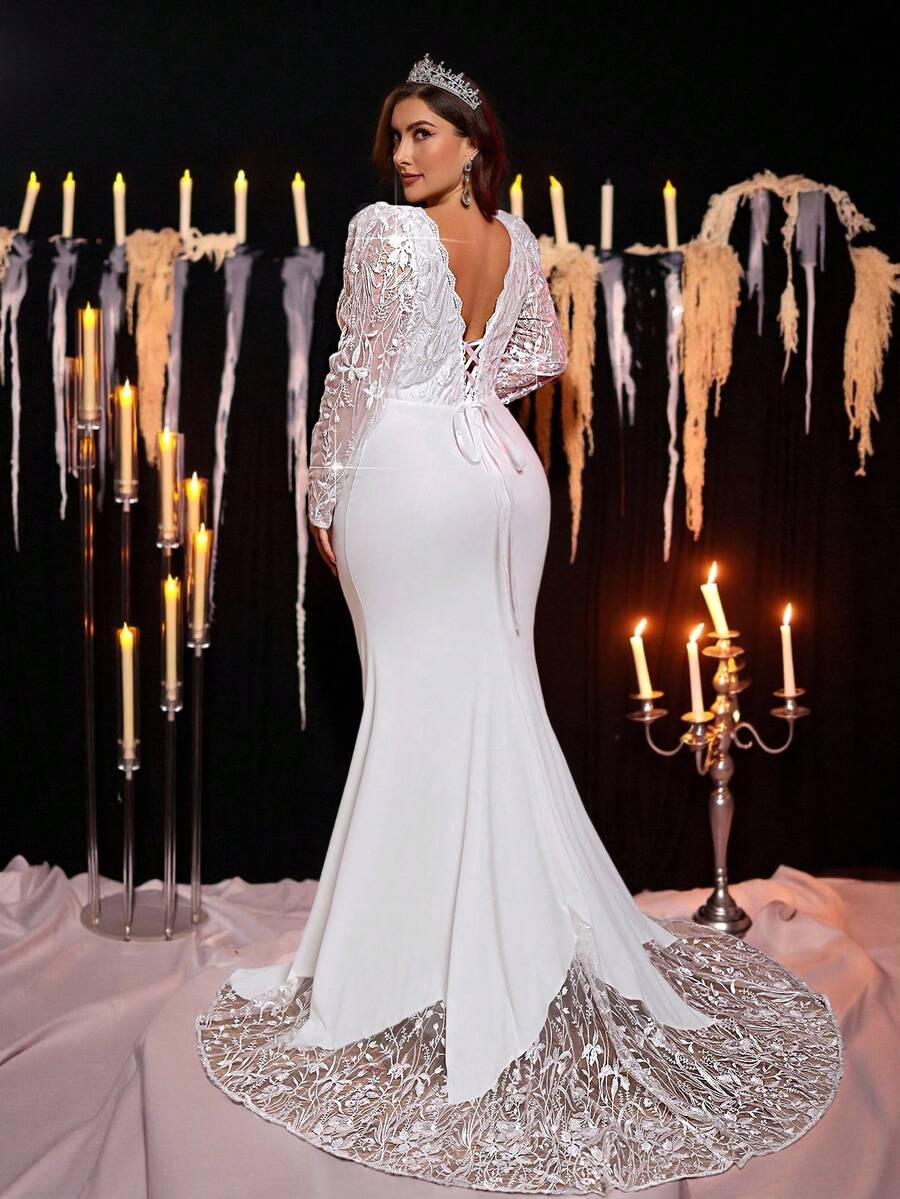 Glamrae Tuta di lusso elegante con maniche trasparenti, scollo a V, patch in pizzo ricamato, tessuto maglia elasticizzato, coppa reggiseno trasparente, allacciatura a spina di pesce sulla schiena, gonna lunga a sirena con bordo in pizzo ricamato, adatta per matrimoni, feste, vacanze, abito da sposa informale (ricamo pesante)