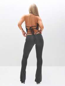 BABYPHAT Áo hở vai cổ yếm có logo khoét sâu có chi tiết dây đeo, thiết kế cắt xẻ cho câu lạc bộ tiệc tùng - Xám - Xem 5