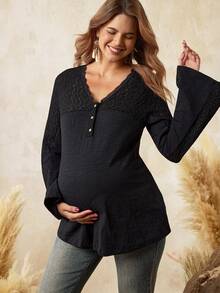 Boho Mama Black Maternity T-Shirt With Lace Trim And Flared Sleeves, Made Of Cotton-Feel Fabric, Bohemian Style, Long-Sleeved Maternity T-Shirt For Autumn And Winter. - Black - View 7