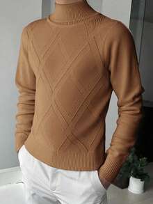 SHEIN 青少年男孩休闲舒适百搭高领毛衣 - 卡其色 - 查看 3