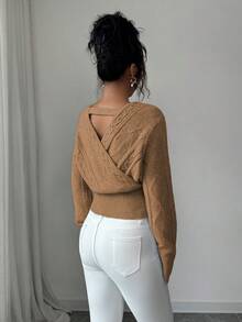 SHEIN Elenzya 女士优雅交叉V领露背毛衣，秋冬款 - 薑色 - 查看 2