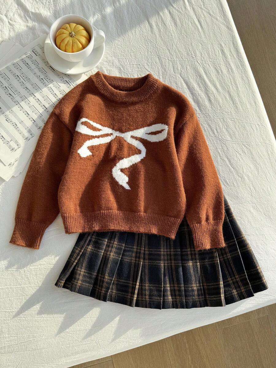 SHEIN 女童蝴蝶結提花針織套頭毛衣與格紋百褶裙兩件套,復古校園風返校穿搭,秋冬服飾 - 棕色 - 查看 1