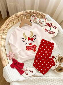 两件套女婴可爱卡通蝴蝶结小鹿印花加厚柔软舒适长袖卫衣和雪花印花打底裤套装，适合秋冬季日常穿着、圣诞派对、新年、外出、居家等场合。 - 彩色 - 查看 3
