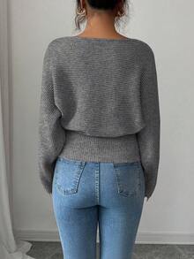 Elenzga Women's New Autumn/Winter Single-Piece Design Batwing Sleeve High-End Buttoned Minimalist Everyday Knit Long Sleeve Top - Dark Grey - View 2