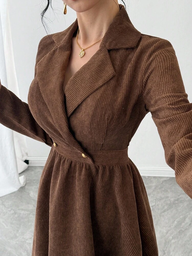 Women's Elegant Solid Color Textured Blazer Collar Mid-Length Dress, Autumn