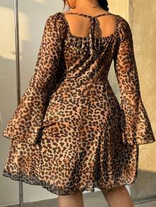 SHEIN EZwear 大码女式豹纹甜心领喇叭袖时尚连衣裙 - 棕色 - 查看 2