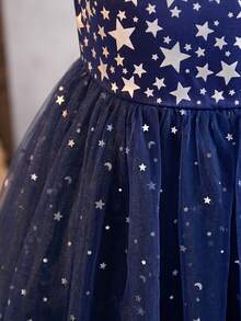 Young Girl Elegant & Cute Navy Blue Mesh Dress - Navy Blue - View 5