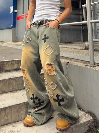 Jeans de mezclilla con parche bordado, corte holgado para hombre