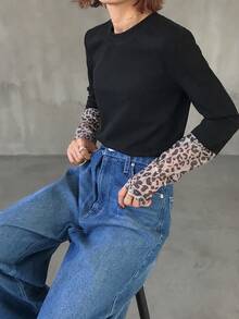 FRIFUL Women's Patchwork Leopard Print Crew Neck Long Sleeve Casual Loose Versatile T-Shirt, Autumn/Winter - Black - View 6