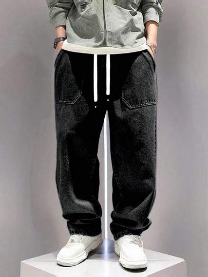 Vintage Teen Boys Elastic Waist Relaxed Fit Comfortable Washed Deep Blue Tapered Jeans, School, Campus, College