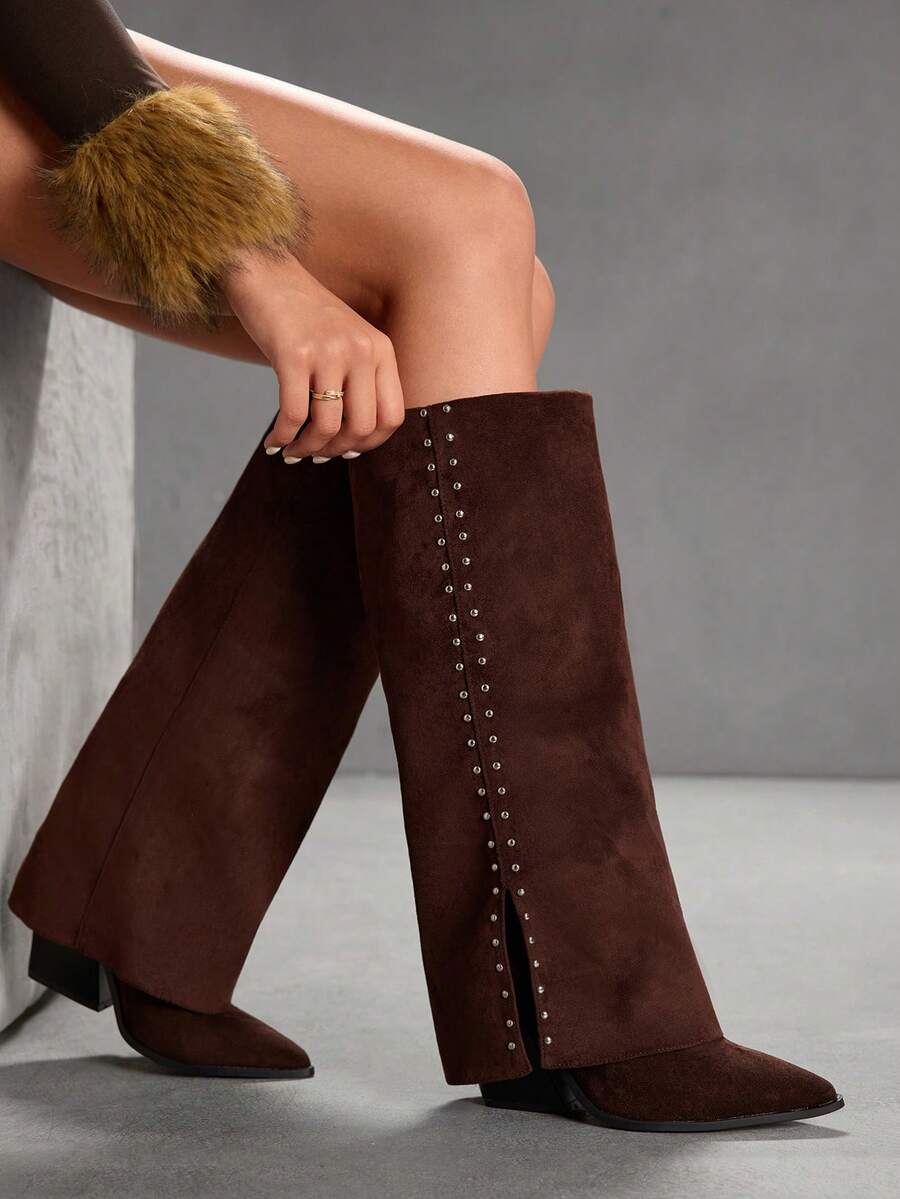 CUCCOO SZL Botas femininas de cano alto com bico fino e tachas - Ferrugem Marrom - Ver 1