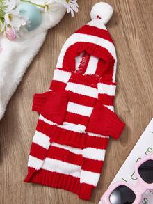 PETSIN 1pc Red Striped Cute Warm Thick Autumn And Winter Knitted Pet Hooded Sweater Christmas Style Striped Pet Thick Hooded Clothes - Red - View 5