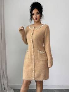 Rafferiza Women's Khaki Round Neck Pearl Mink Hair Fashion Versatile Street Sweater Dress, Christmas - Khaki - View 6