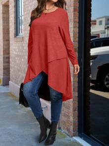 SHEIN Plus Size Solid Color Long Asymmetrical Hem Round Neck Long Sleeve T-Shirt Fall Cloth For Women - Red - View 5