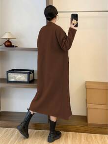 EMERY ROSE 女士长款灰色羊毛大衣，带纽扣，秋季保暖