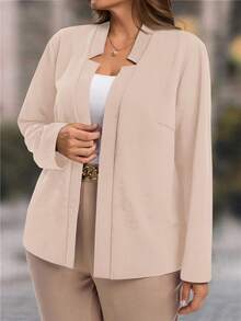 EMERY ROSE Plus Size Women's Casual Solid Color Basic Cardigan - Apricot - View 4