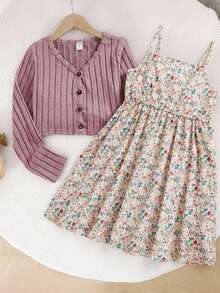 SHEIN NovaGlow 儿童少女碎花吊带连衣裙和纽扣短开衫两件套，舒适针织面料，秋冬款 - 藕粉色 - 查看 2