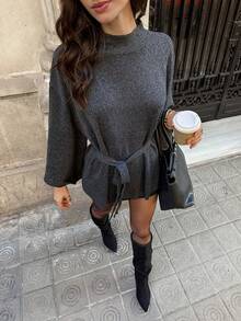 Firerie Women's Elegant Minimalist Commute Office Urban Chic Casual Daily Stand Collar Cinched Waist Loose Poncho Waist Knit Sweater, Dark Gray - Dark Grey - View 8