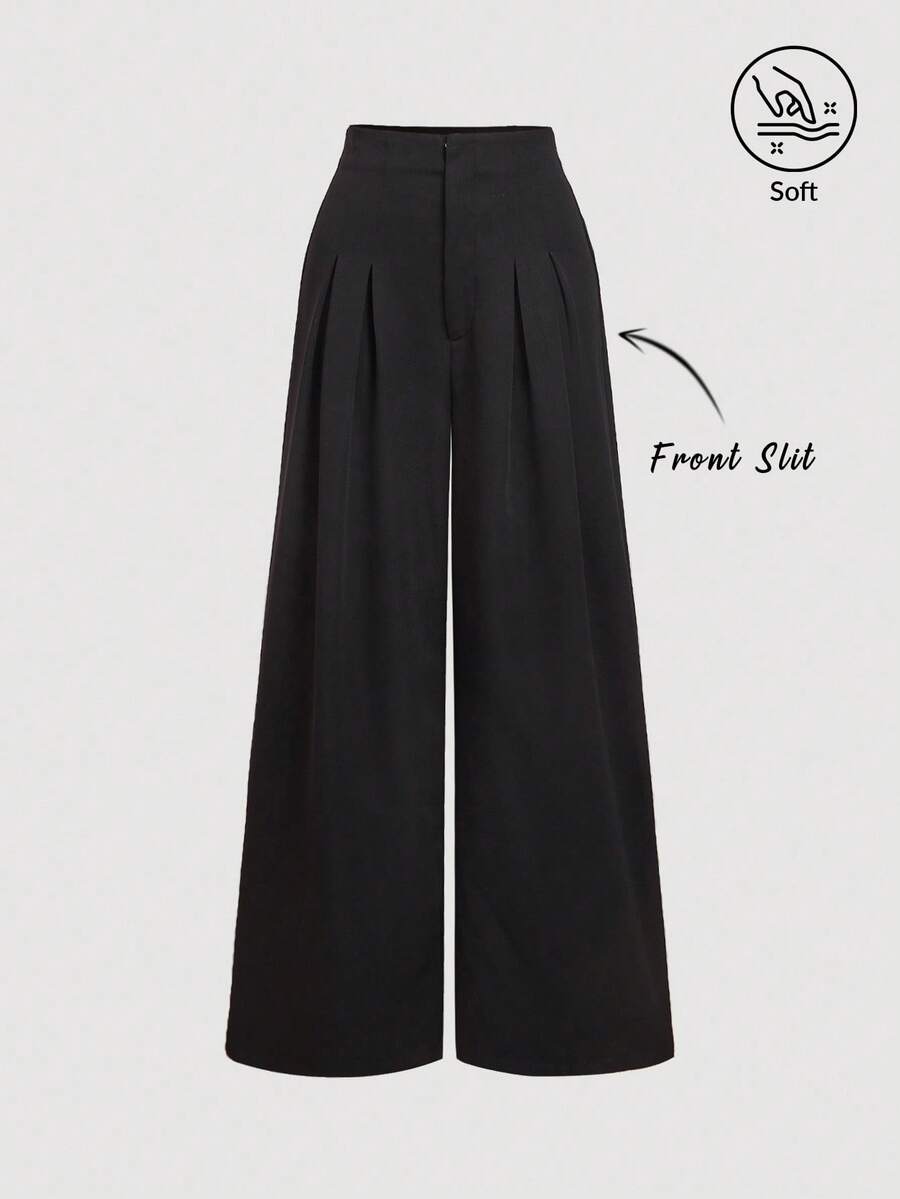 SHEIN MOD Women's High Waist Pleated Cinched Waist Black Wide Leg Pants,Party,Street,Goth,Preppy,Elegant,Party,Office Pants Women,New Years Women Outfits,New Years Eve Attire,Business Casual,Old Money Style,Academia,Work Clothes Women,Valentine Clothes Women In Fall/Winter