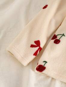 2pcs Girls Cherry Bow Pattern Casual Comfortable Fleece Pajama Set, Long Sleeve Top And Pants, Winter Cherry Pajama Set Bow Pajamas Girls Pajama Set Kids Pajama Set