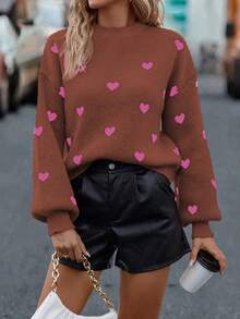 SHEIN LUNE Femmes Casual Épaule Tombante Manches Longues Pull-over Motif Cœur, Automne/Hiver - Tabac - Voir 4
