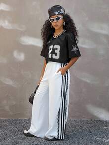 Coolane Kids Tween Girls Spring/Summer/Fall/Winter V-Neck Mesh Fabric Letter & Number Print Loose Cropped T-Shirt