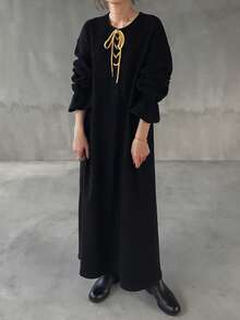 FRIFUL Bộ 2 món dành cho nữ: Áo khoác cardigan tay loe màu trơn thắt nơ phía trước và đầm thắt nơ chéo ngực màu tương phản. - màu đen - Xem 8