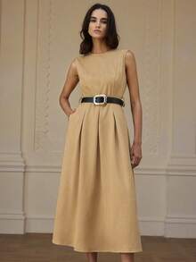 GENKIRA Suede Fabric Autumn/Winter , PU Leather Belt Waist Decor, Commuting Design Sense, Minimalist Fashionable Elegant Versatile Long Dress - Khaki - View 4