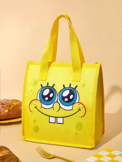 SpongeBob SquarePants | SHEIN 1 Bolsa térmica de almuerzo con estampado impreso para mantener la comida caliente o fría, bolsa de picnic, gran capacidad, puede contener cajas de almuerzo y bebidas, adecuada para picnics, campamentos, viajes, uso familiar, adecuada para familias, estudiantes, ideas de regalo