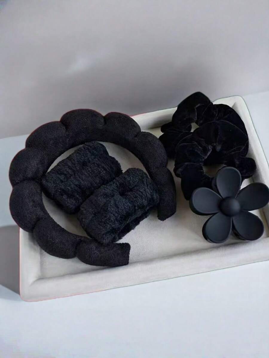 6件套天鹅绒发带爪夹腕带套装，女士SPA头带发箍，适用于洗脸、护肤、化妆，母亲节情人节礼物 - 黑色 - 查看 1