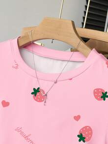Resyla Women's Strawberry Print Ruched Waist T-Shirt, Fitted, Sweet & Fashionable, Suitable For Summer Outdoor & Holiday Wear - Pink - View 3