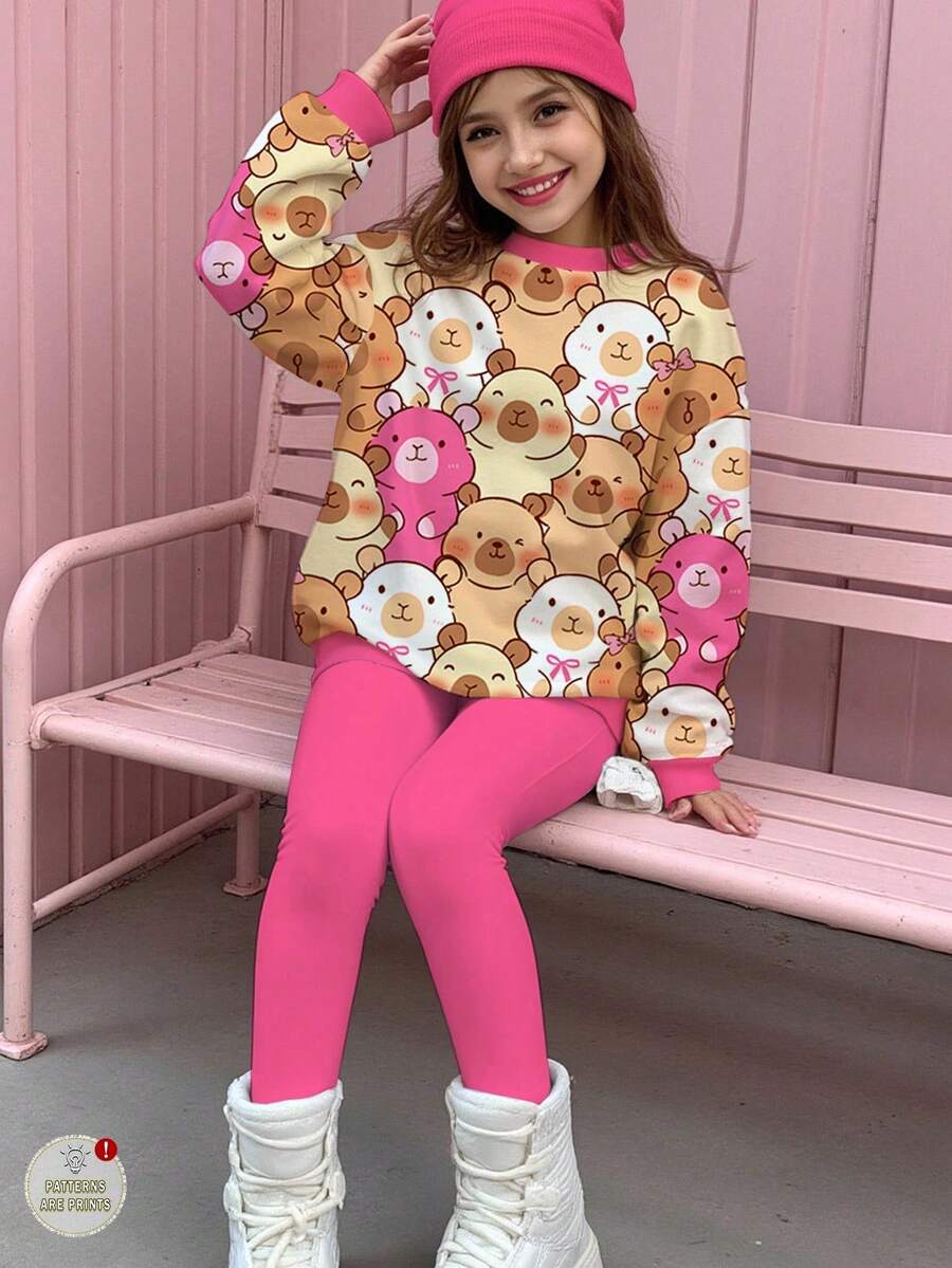 SHEIN Leap Crew 2pcs Tween Girls Cute Pink Autumn Back-To-School Outfit,Capybara Cartoon Animal Print Crew Neck Long Sleeve Sweatshirt And Leggings Set,School Clothes - Multicolor - View 1