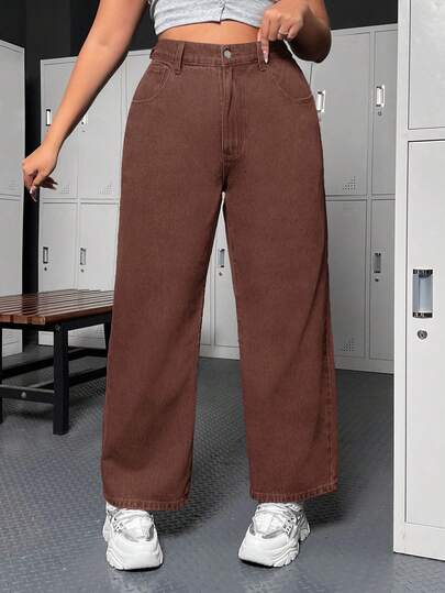 SHEIN EZwear Jeans casuales holgados de talle alto con bolsillos para mujer de talla grande