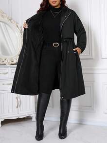 SHEIN CURVE+ 大码女式休闲拉链连帽抽绳腰长袖羊毛夹克，保暖，2025 年新款，舒适防风 - 黑色 - 查看 9