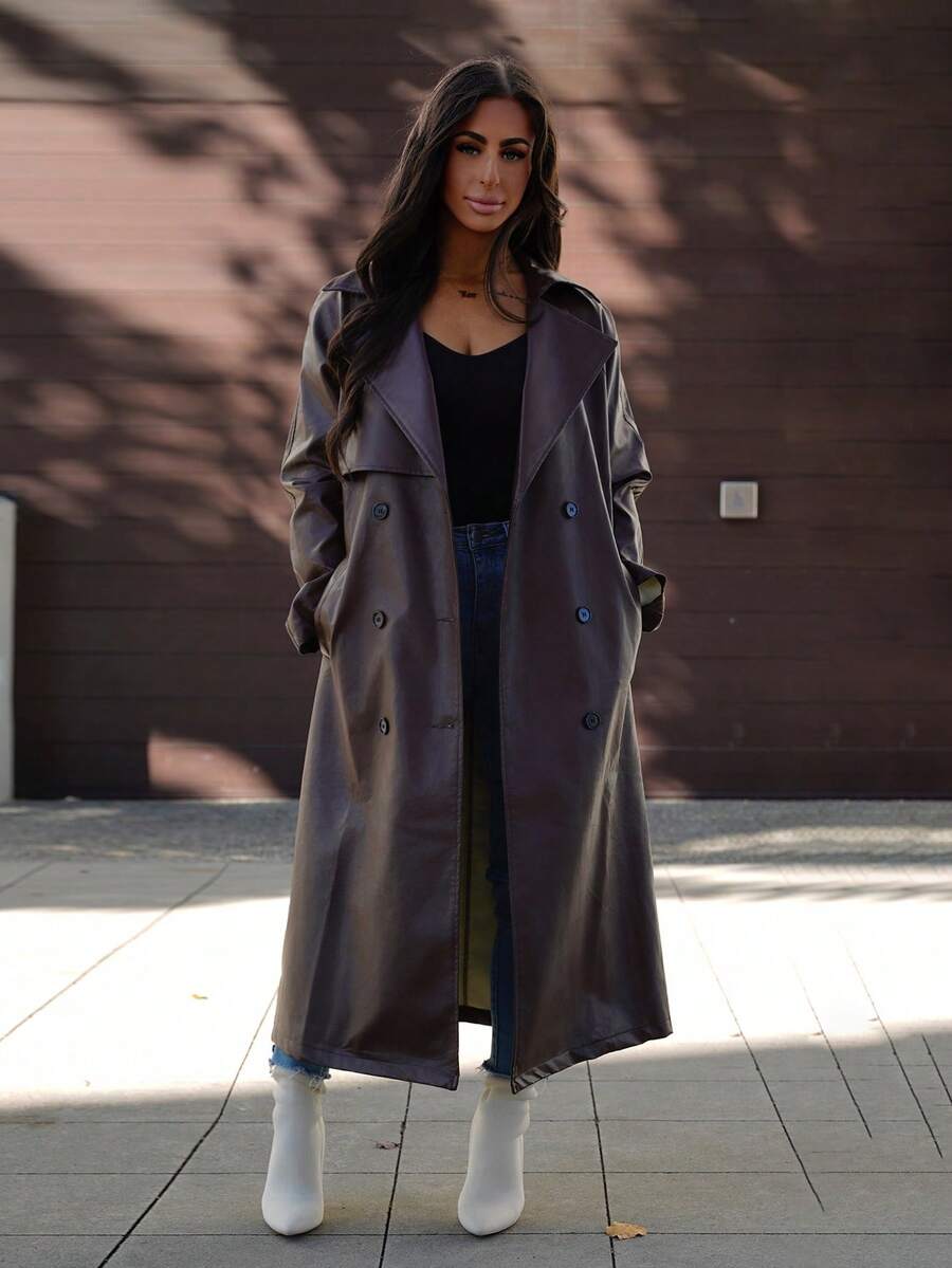SAYEHFBABY Damen Regular Fit Kunstleder Jacke mit Kontrastlappenbesatz, Bindegürtel und Taille für Herbst/Winter - Kaffeebraun - Übersicht 1
