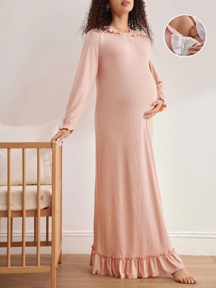 Moonlight&Mama 孕妇纯色罗纹针织长袖休闲连衣裙家居服 - 粉色 - 查看 1