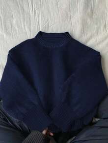 EMERY ROSE Áo len dệt kim cổ đứng màu trơn ngắn dành cho nữ - Màu xanh hải quân - Xem 1