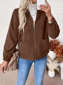 EMERY ROSE Chaqueta casual con cremallera y forro térmico de manga larga para mujer, otoño/invierno - Café integral - Ver 5