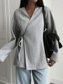 Livesso 女士羊毛束腰休闲连衣裙，适合通勤，秋冬季女式外套 - 灰色 - 查看 6