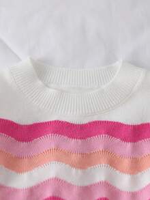 2pcs/Set Girls Sweater Co-Ord Set, Pink Rainbow Striped Knitted Sweater And Skirt, Comfortable For Autumn/Winter Wear, Suitable For School, Daily, Party, Versatile And High Value Long Sleeve Dress For Kids Kids Sweaters For Girls Jumper For Girls Girl Clothes Autumn And Winter Clothes Autumn And Winter Young Girls Drease - Pink - View 3
