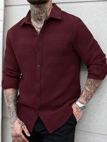 Manfinity CasualCool Áo thun nam tay dài tối giản màu trơn, mặc thường ngày - Màu Đỏ Sâu - Xem 6