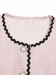 Elenzga Camisa elegante de mujer con contraste de color, volantes, parches y cintura ceñida, con mangas cortas, para otoño - Rosa - Ver 7