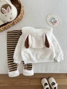 SHEIN 两件套女婴兔子刺绣连帽卫衣，带兔耳朵和白色毛边，搭配红白条纹裤，时尚又可爱 - 咖啡棕 - 查看 2