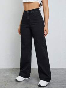 SHEIN ICON 大码女式弹力腰复古黑色直筒牛仔裤 - 黑色 - 查看 6